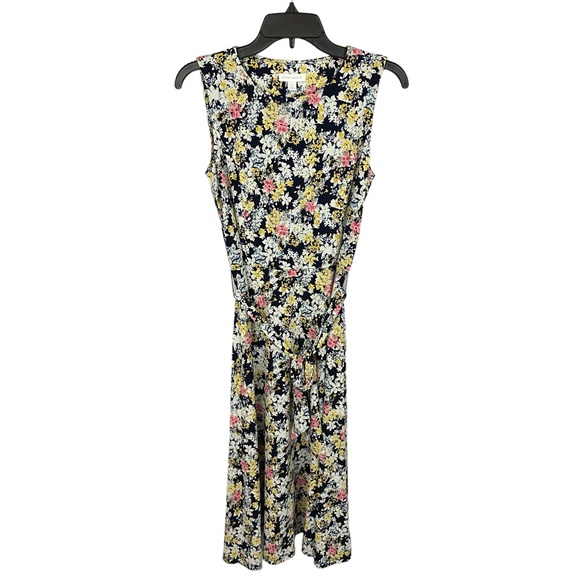 CHARTER CLUB | Navy White Yellow Sleeveless Floral Belted A-Line Midi Dress XS - Picture 14 of 15